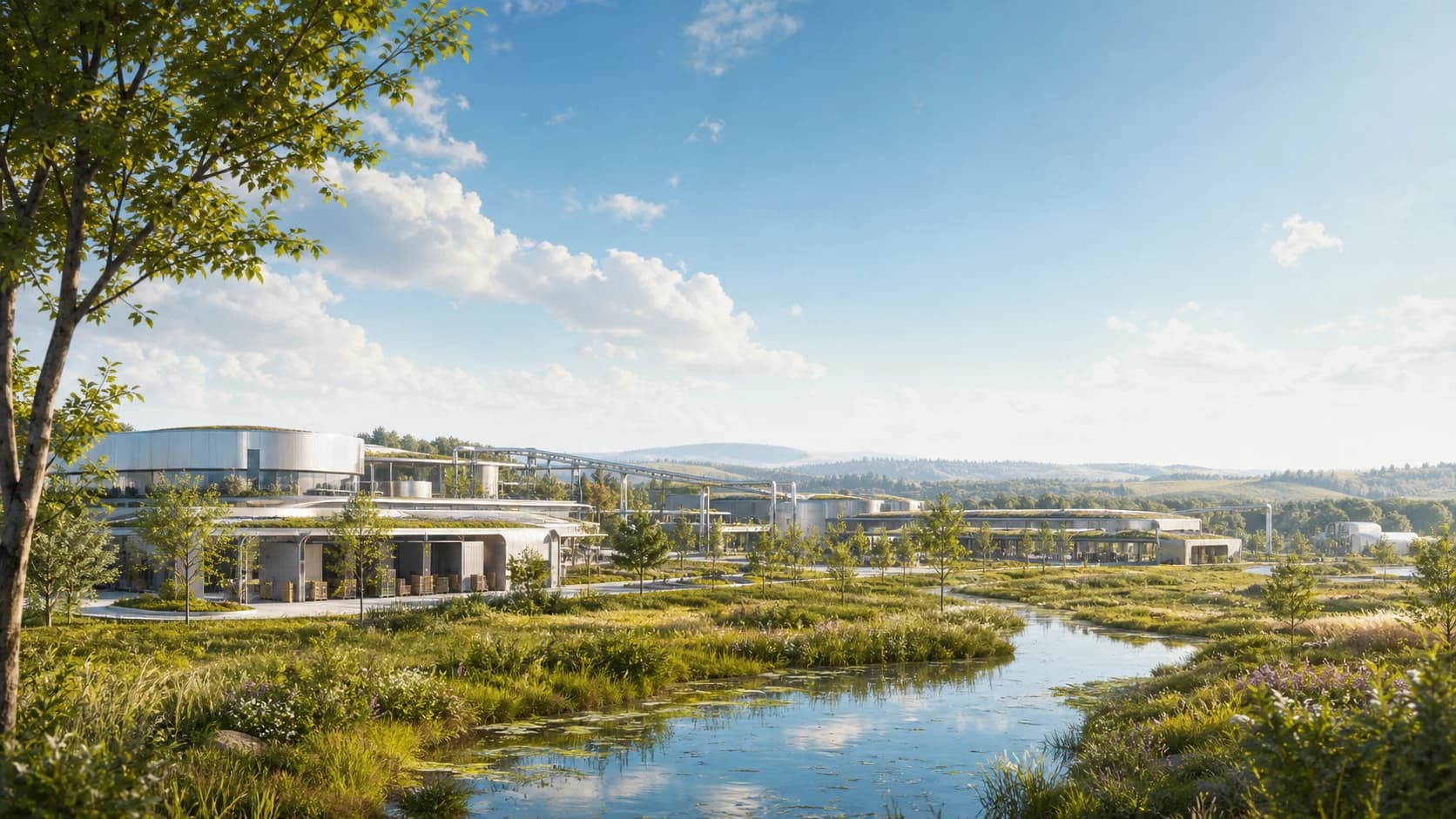 A monumental Ossory material-recovery campus on an open plain